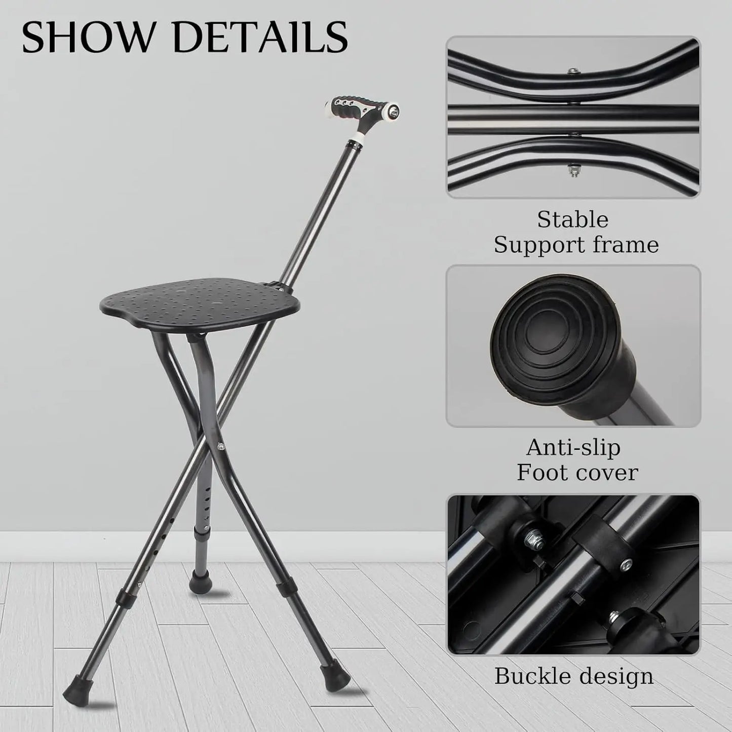 Folding Cane With Seat Adjustable Aluminum Walking Stick