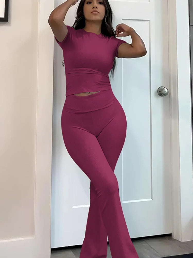 Women's Two-Piece Yoga Set Short Sleeve Top and Flared Pants