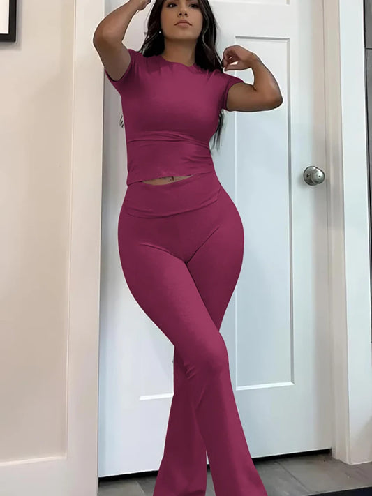 Women's Two-Piece Yoga Set Short Sleeve Top and Flared Pants