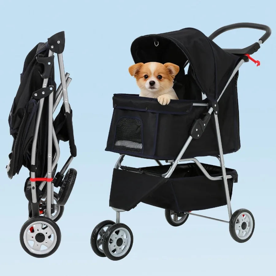 Foldable 3-Wheel Dog Stroller With Cup Holder And Storage