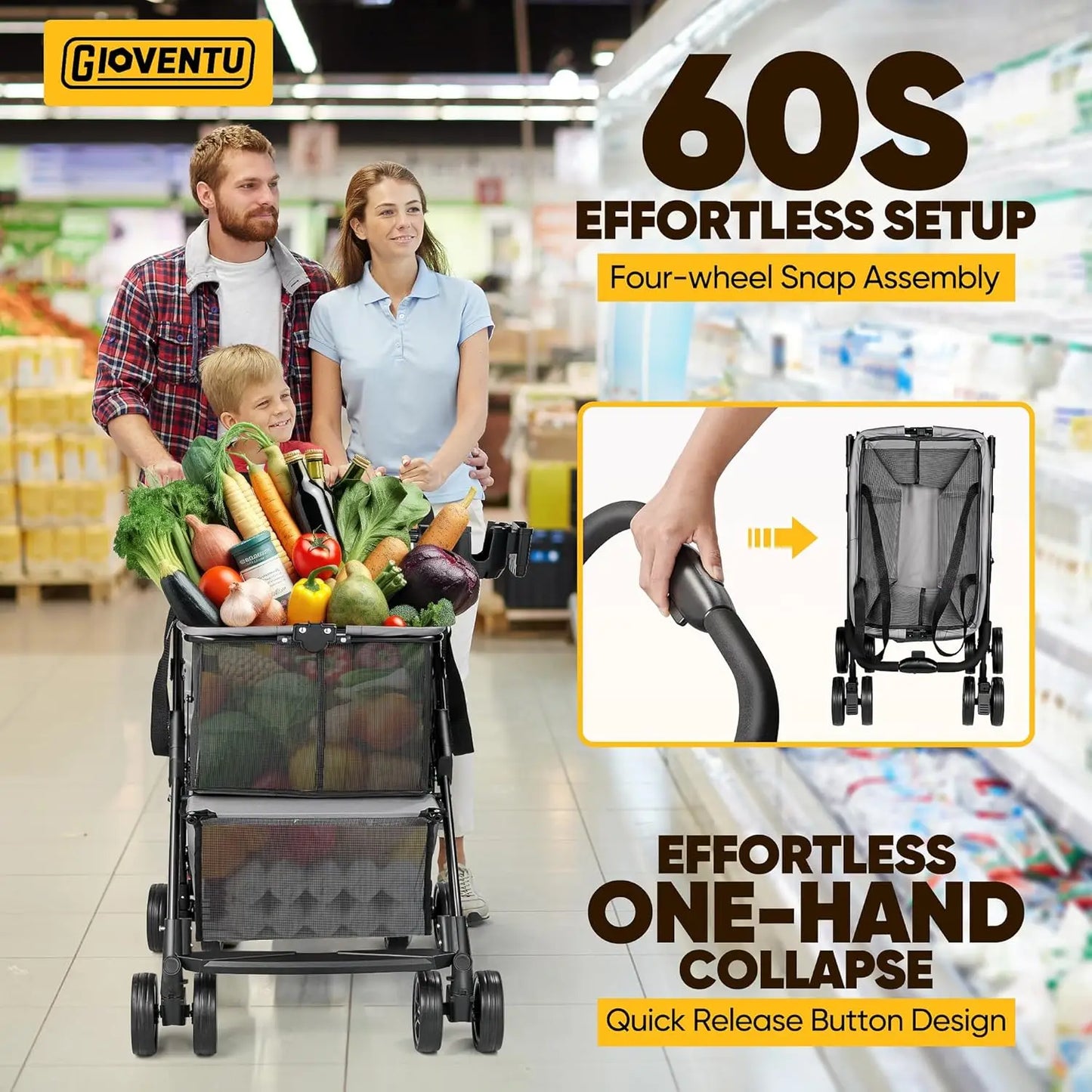 𝐈𝐦𝐩𝐫𝐨𝐯𝐞𝐝 𝐕𝐞𝐫𝐬𝐢𝐨𝐧 Folding Shopping Cart for Groceries, 80lbs Collapsible Grocery Cart with Removable Basket and Sw