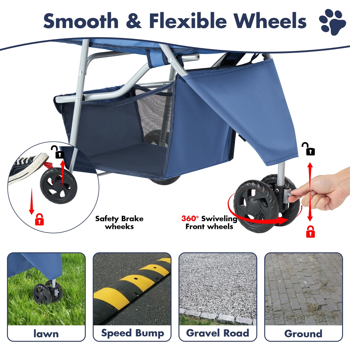 JHK Foldable 3-Wheel Pet Stroller For Small Dogs And Cats With Mesh Windows