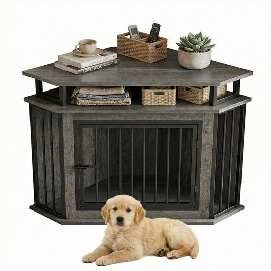 44" Corner Dog Crate with 2-Tier Shelves, Wooden Kennel Furniture for TV Stand, Indoor Pet Enclosure for Small/Medium Dogs