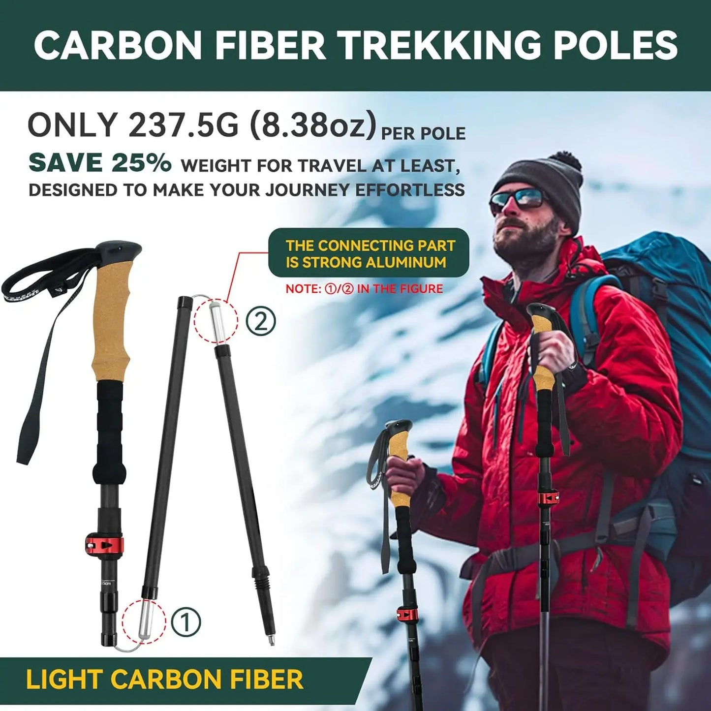 Carbon Fiber Trekking Poles Lightweight Collapsible Hiking
