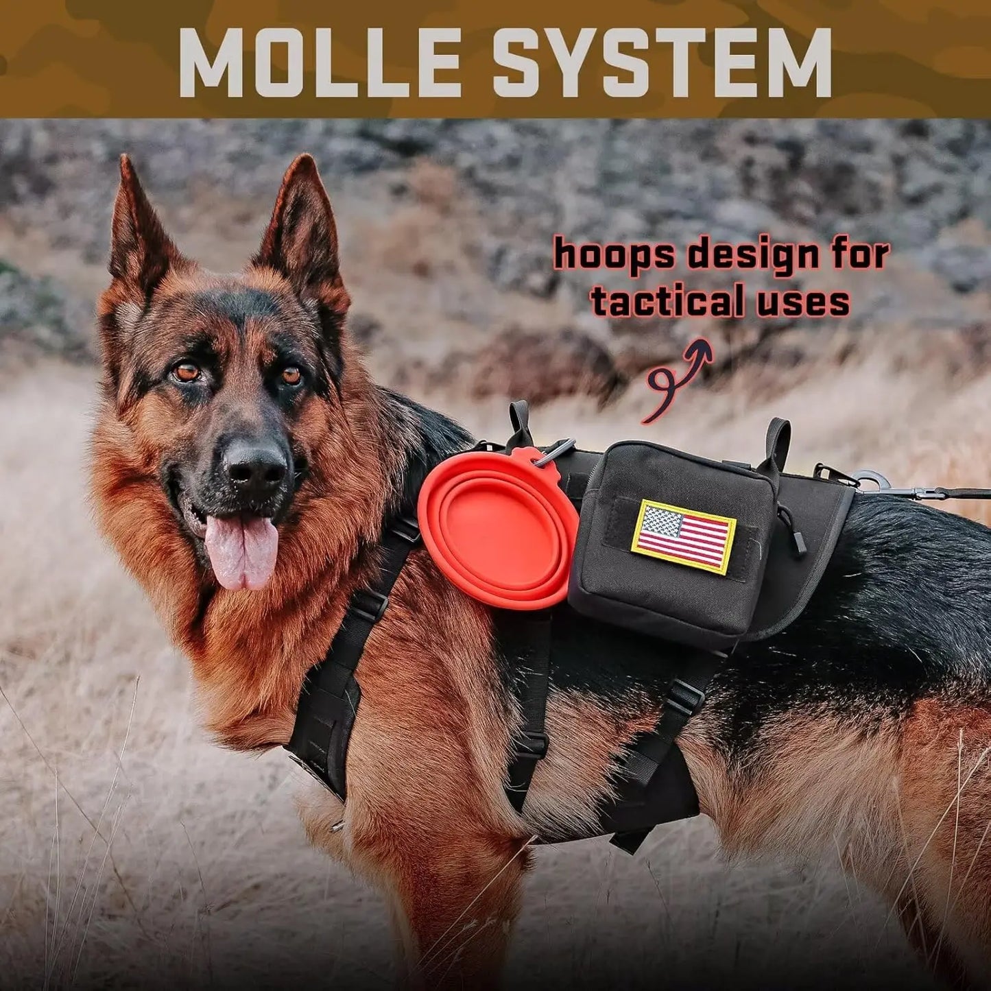Military Tactical Dog Harness with Bungee Leash, Adjustable No-Pull Chest 19.5-41.5in for Medium Large Dogs Walking Training