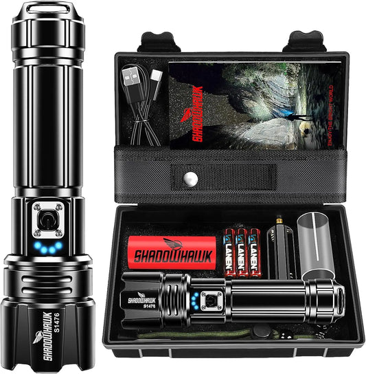 10000 Lumens Rechargeable LED Flashlight 30W Super Bright 5000ft Beam 12H Runtime USB-C