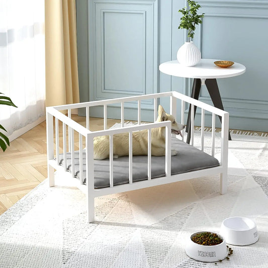 Elevated Dog Bed with Rails, Metal Frame & Washable Mat for Small Pets Indoor/Outdoor, White 21.3x30 Inch