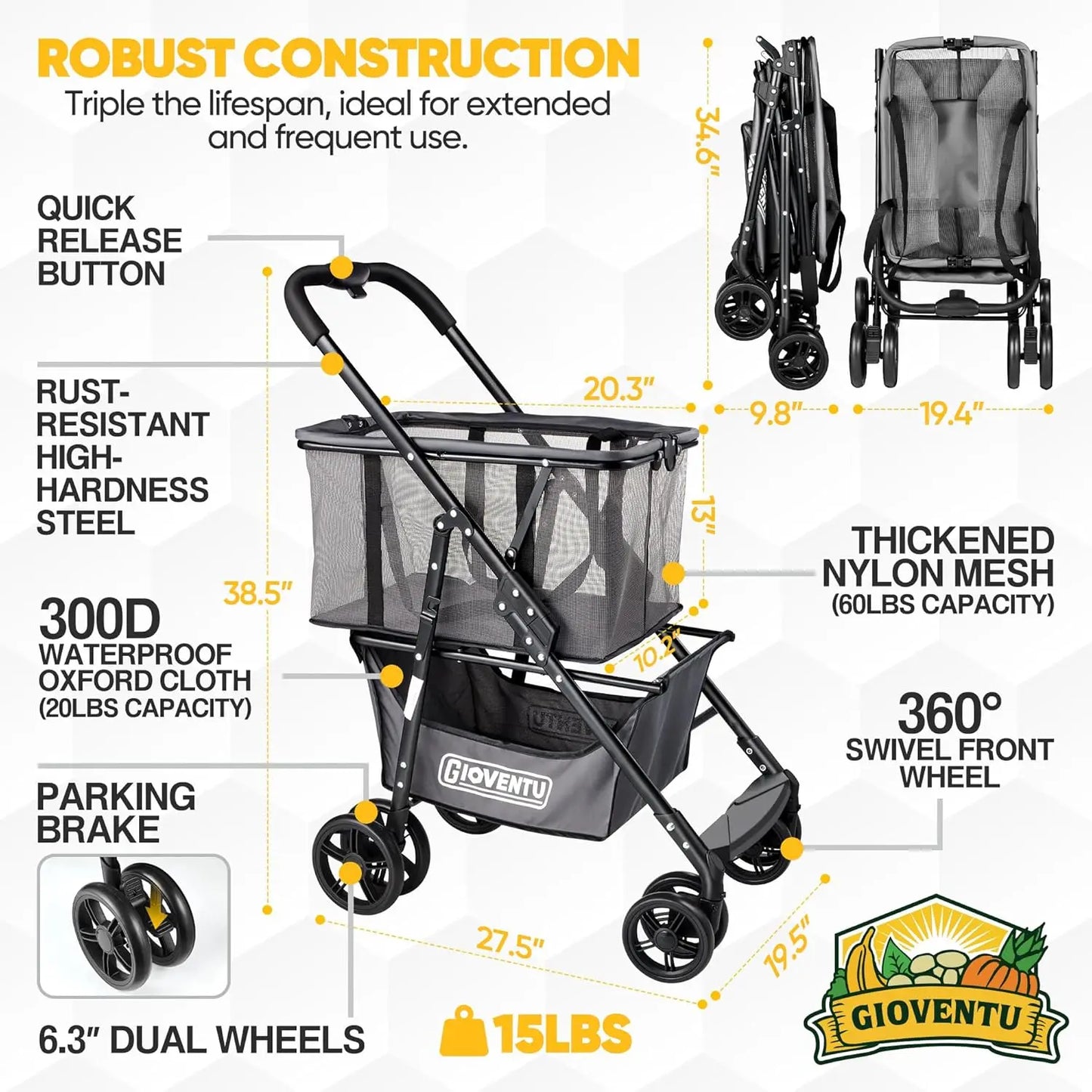 𝐈𝐦𝐩𝐫𝐨𝐯𝐞𝐝 𝐕𝐞𝐫𝐬𝐢𝐨𝐧 Folding Shopping Cart for Groceries, 80lbs Collapsible Grocery Cart with Removable Basket and Sw